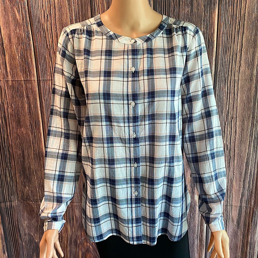 LOFT blue white & baby light pink plaid button down casual blouse size small